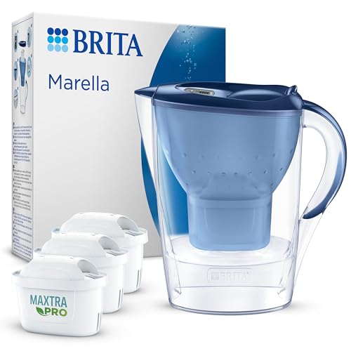 BRITA Wasserfilter Kanne Marella blau (2,4l) inkl. 3x MAXTRA PRO All-in-1 Wasserfilterkartusche – Filter zur Reduzierung von Kalk, Chlor, Blei, Kupfer & geschmacksstörenden Stoffen im Wasser