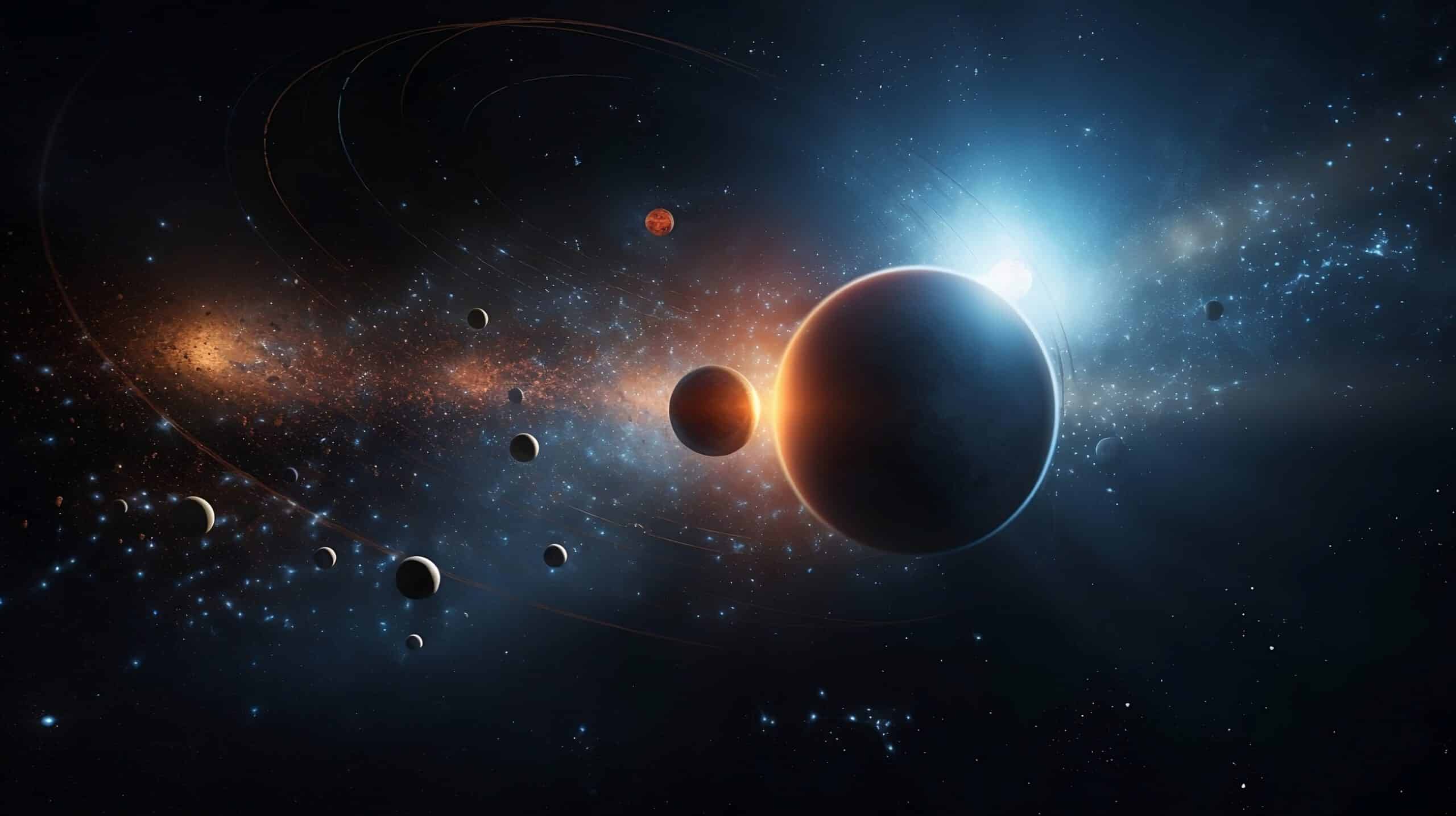 Künstlerische Darstellung eines Systems von Exoplaneten, umgeben von Sternen und kosmischem Staub.