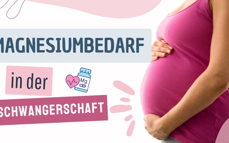 Informationsgrafik zum Magnesiumbedarf in der Schwangerschaft mit dem Text, Symbolen einer Magnesiumtablette und einem Herz, sowie einer schwangeren Frau im Profil.