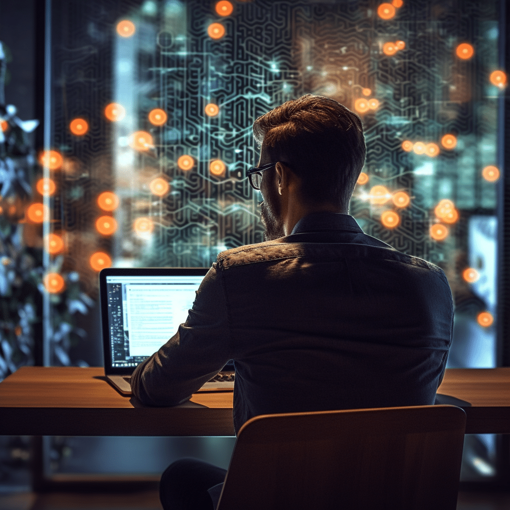 Ein Mann arbeitet konzentriert an seinem Laptop und nutzt Chat GPT, um effizienter zu arbeiten. Er entdeckt die Kraft von KI und Chatbots für maximale Produktivität seiner Content Schöpfung.