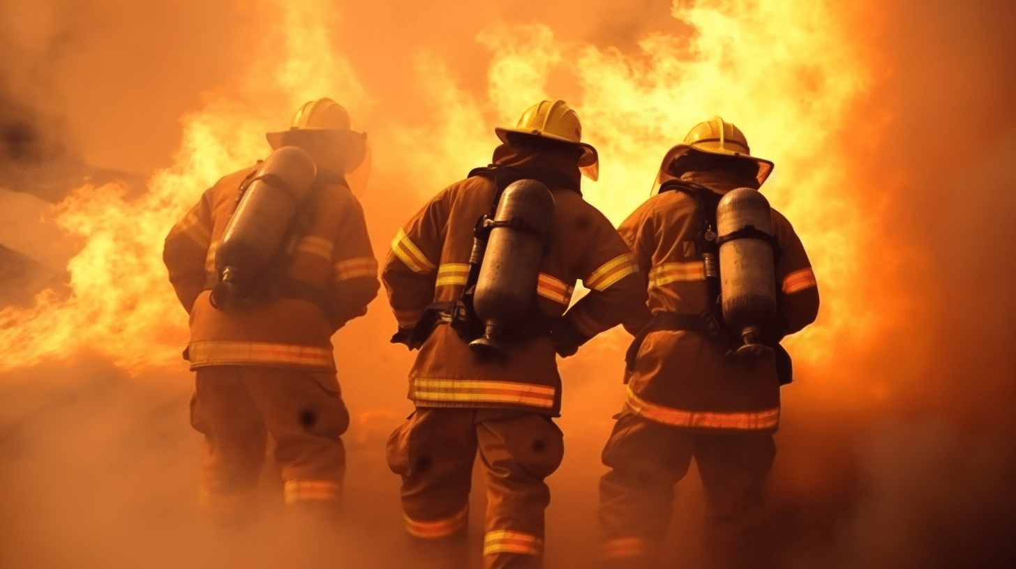 Ein Bild zeigt Feuerwehrleute, die einen intensiven Brand bekämpfen. Die Flammen und der dichte Rauch erfüllen den Hintergrund, während die Feuerwehrleute in voller Schutzausrüstung - inklusive Helmen, Jacken und Hosen - aktiv Schläuche und andere Geräte einsetzen, um das Feuer zu bekämpfen.