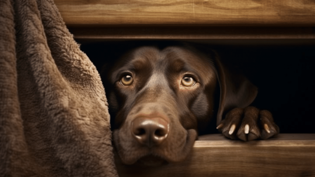 Der Hund ist ein mittelgroßer, brauner Labrador-Retriever mit einem ängstlichen Gesichtsausdruck.