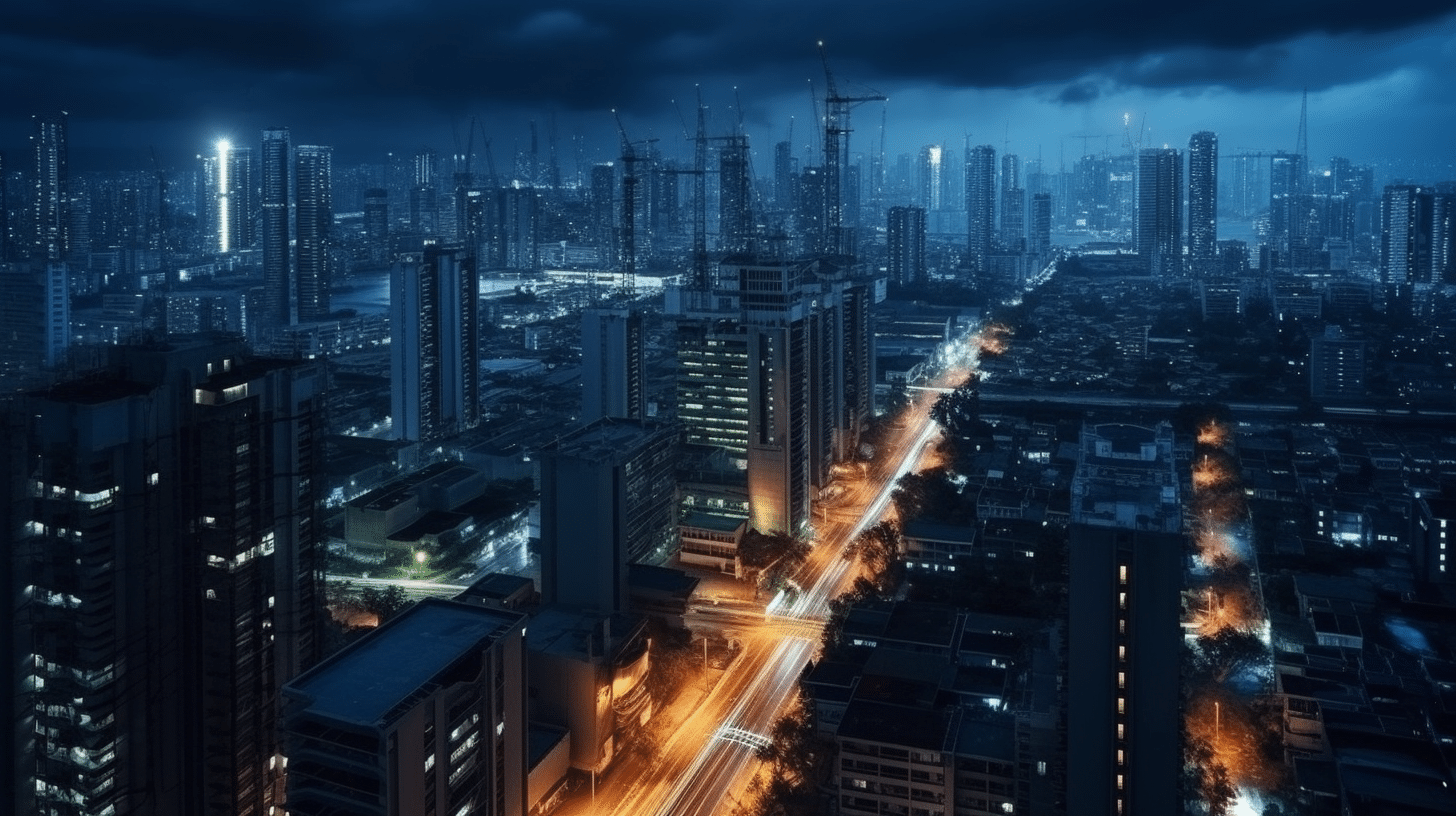 Das Bild zeigt eine städtische Skyline bei Nacht, normalerweise beleuchtet durch Tausende von Lichtern, die jetzt in völlige Dunkelheit getaucht ist. Normalerweise belebte Straßen und beleuchtete Fenster sind schwarz, was auf einen großflächigen Stromausfall hinweist. Nur das schwache Licht des Mondes und der Sterne erhellt die Szene, was das Gefühl von Isolation und Unsicherheit in dieser stromlosen Stadt verstärkt.