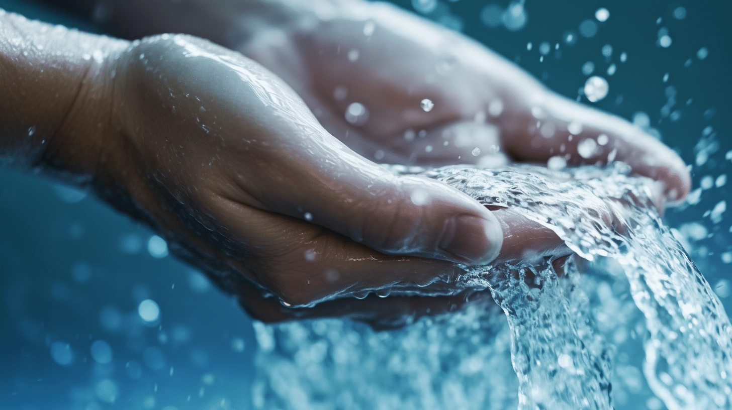 Hand hält sorgfältig eine Handvoll kristallklares Trinkwasser, das Licht reflektiert und die Reinheit des Wassers symbolisiert.