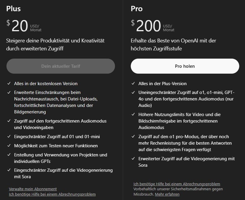 Vergleich zwischen ChatGPT Plus und ChatGPT Pro Tarifen mit Preisen und Funktionen - Ist das Pro-Abo für 200 USD im Monat wirklich besser?