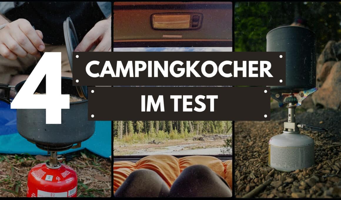 Collage 4 Campingkocher im Test: Hände am roten Gaskocher, Van‑Hecktür mit Schlafsack im Wald, Topf auf Gaskocher im Freien.