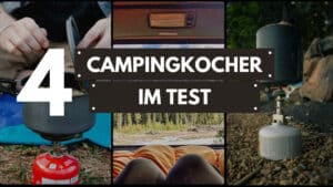 Collage 4 Campingkocher im Test: Hände am roten Gaskocher, Van‑Hecktür mit Schlafsack im Wald, Topf auf Gaskocher im Freien.