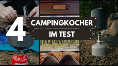 Collage 4 Campingkocher im Test: Hände am roten Gaskocher, Van‑Hecktür mit Schlafsack im Wald, Topf auf Gaskocher im Freien.