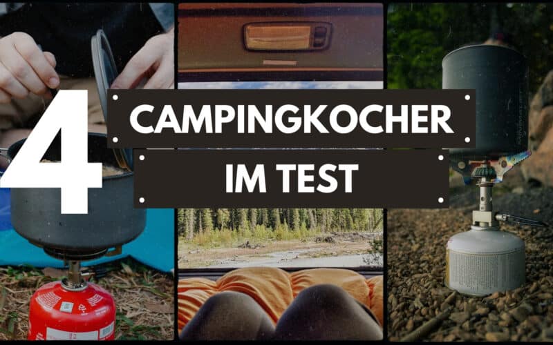 Collage 4 Campingkocher im Test: Hände am roten Gaskocher, Van‑Hecktür mit Schlafsack im Wald, Topf auf Gaskocher im Freien.