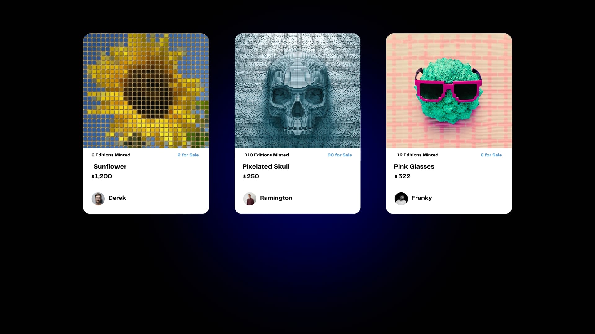 Beispiel für NFTs: Digitale Kunstwerke 'Sunflower', 'Pixelated Skull' und 'Pink Glasses' mit Preisen, erstellt von verschiedenen Künstlern, als einzigartige Blockchain-Assets