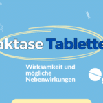 Informationsgrafik zu Laktase Tabletten mit Schwerpunkt auf Wirksamkeit und möglichen Nebenwirkungen, illustriert mit einer Herzzeichnung und Tablettenabbildungen.
