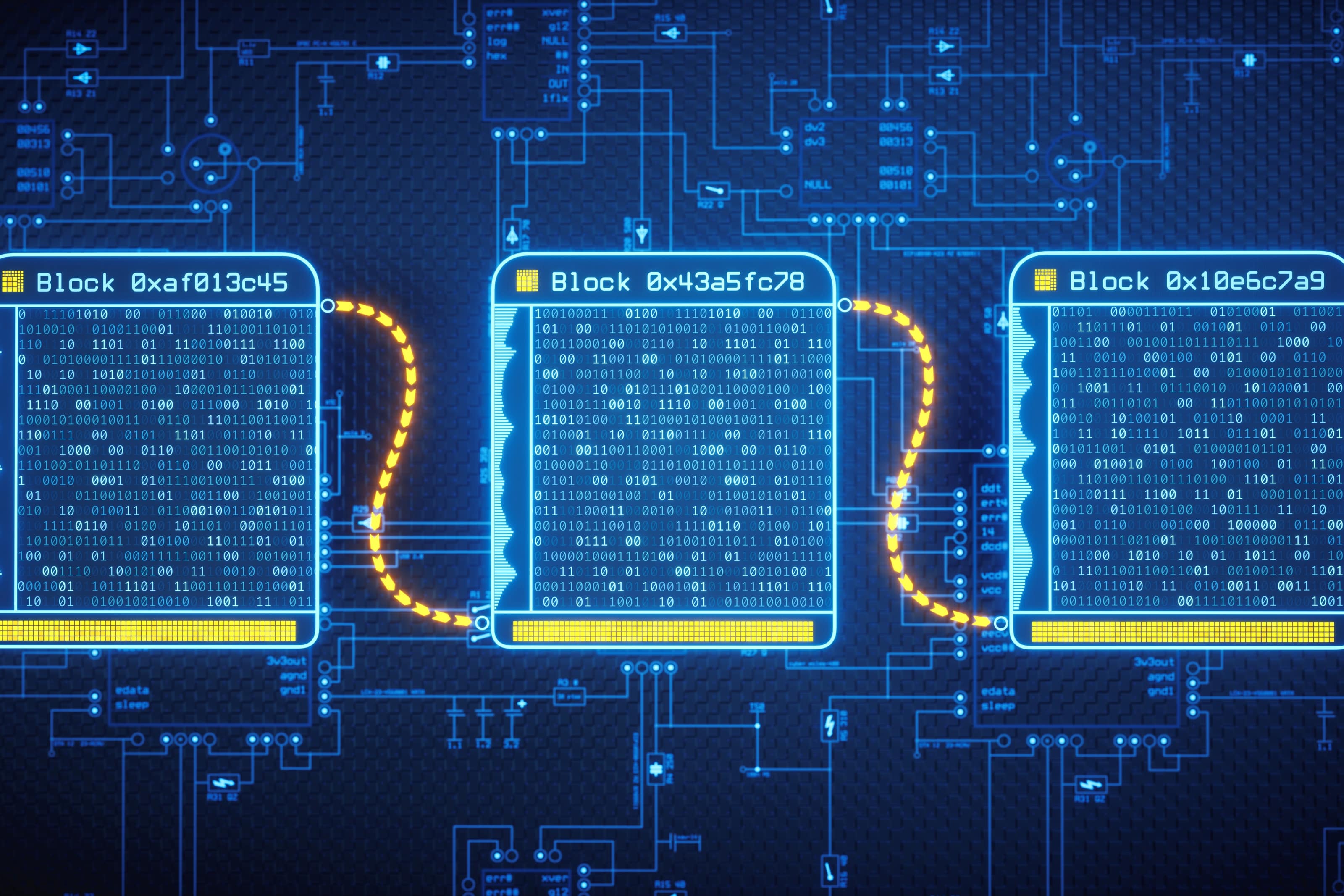 Detaillierte Visualisierung einer Blockchain mit mehreren Datenblöcken, verbunden durch gelbe Datenlinien, auf einem digitalen Schaltplan.