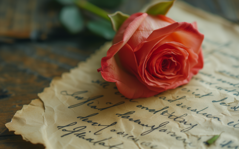 Elegante Korallenrose auf handgeschriebenem Vintage-Brief - die schönsten Valentinstag Sprüche