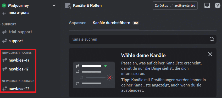 Auswahl eines Newbie Channels in Midjourney