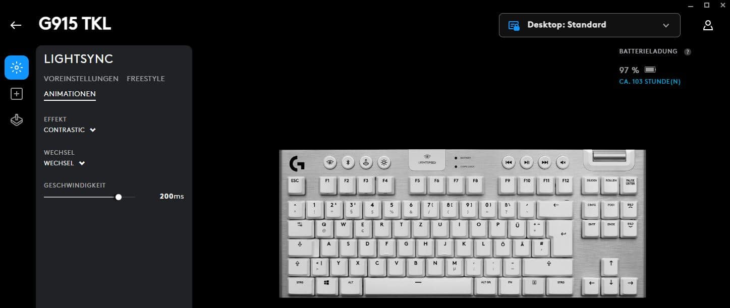 Screenshot der Logitech G HUB-Software mit geöffnetem LIGHTSYNC-Menü für die G915 TKL Tastatur und Darstellung der Batterieladung.