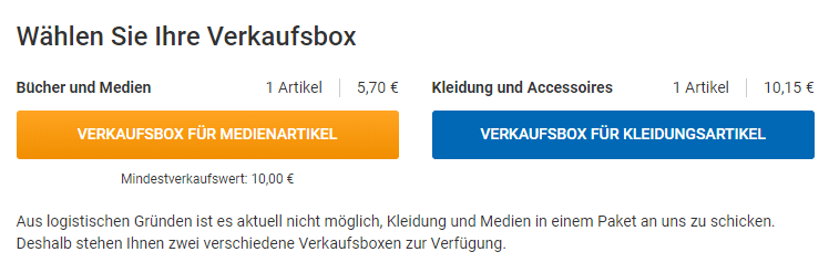 Die beiden Verkaufsboxen - eine für den Checkout von Kleidung und eine für Warensendungen, wie Bücher