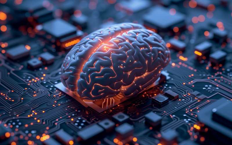 Ein menschliches Gehirn auf einem Motherboard - Neuralink Chip Die erfolgreiche Implantation bei einem Menschen