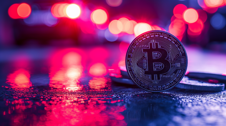 Bitcoin mit roten und blauen Polizeilichtern - Polizei beschlagnahmt Bitcoins