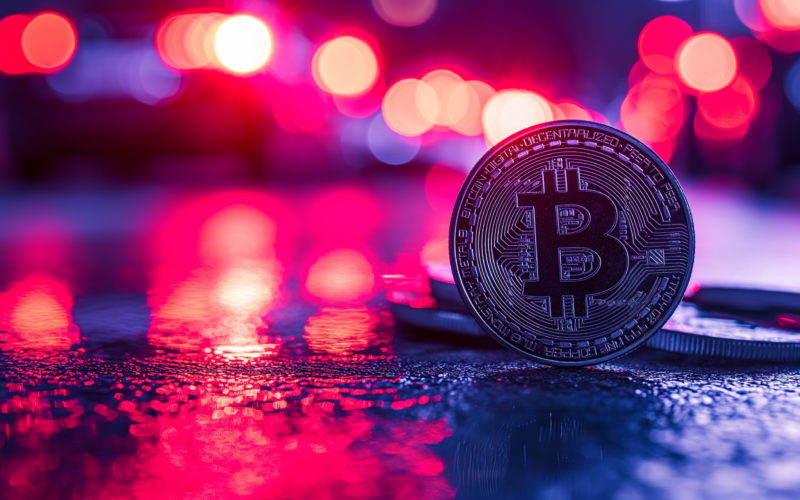 Bitcoin mit roten und blauen Polizeilichtern - Polizei beschlagnahmt Bitcoins