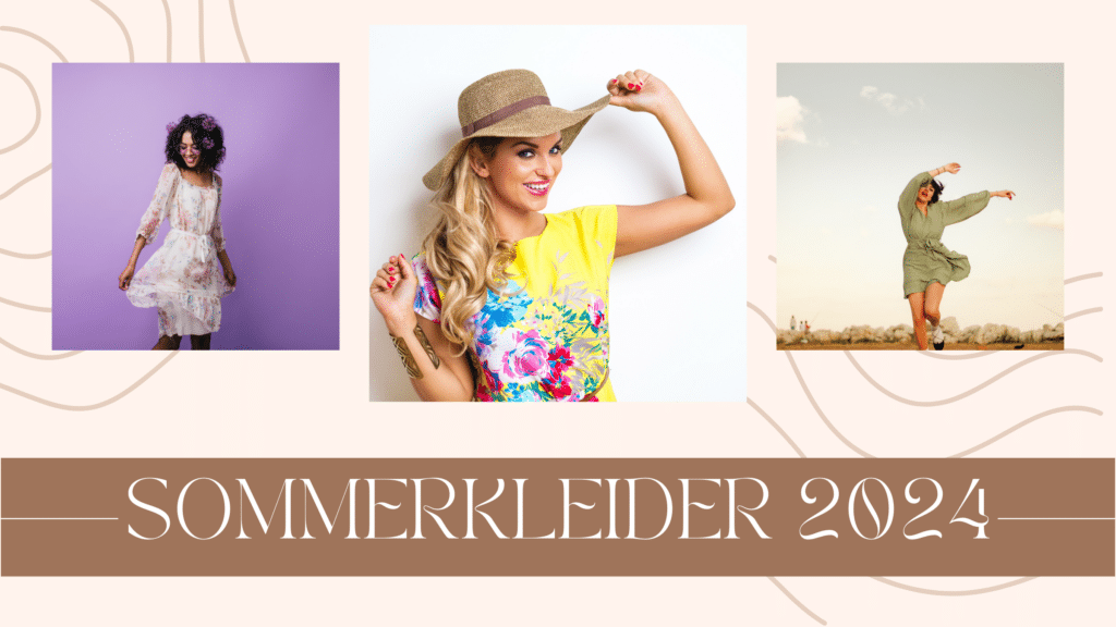 Verschiedene Sommerkleider für 2024 in Trendfarben und -schnitten, präsentiert auf einem eleganten Mode-Display