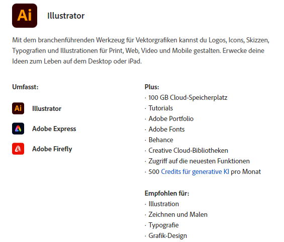 Informationsgrafik zu Adobe Illustrator, hervorhebend, dass das Tool branchenführend für Vektorgrafiken ist, mit Funktionen für Logos, Icons, Skizzen, Typografie und Illustrationen auf Desktop und iPad, inklusive 100 GB Cloud-Speicherplatz und weiteren Vorteilen wie Tutorials, Adobe Portfolio und Fonts, Behance, Creative Cloud-Bibliotheken und monatlichen Credits für generative KI.