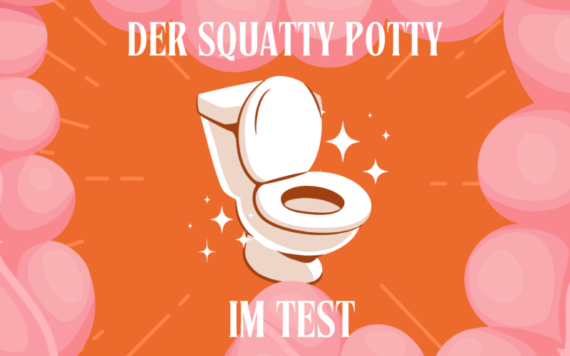 Illustration eines Squatty Potty vor einem orangefarbenen Hintergrund mit dem Text DER SQUATTY POTTY IM TEST.
