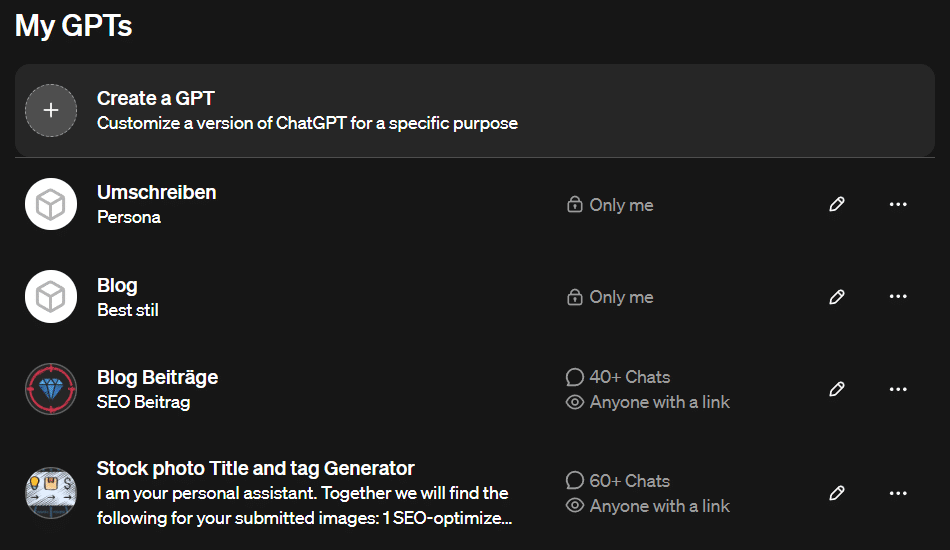 Die Betrachtung der eigenen Custom GPTs in ChatGPT