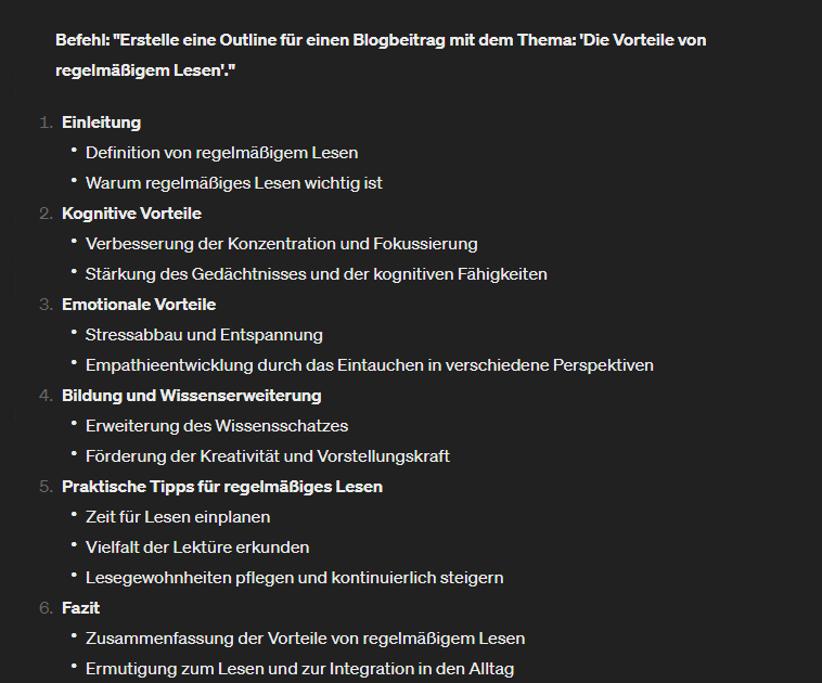 Ein Screenshot mit einem Textprompt für Content Creator und einer Beispiel-Outline für einen Blogbeitrag.