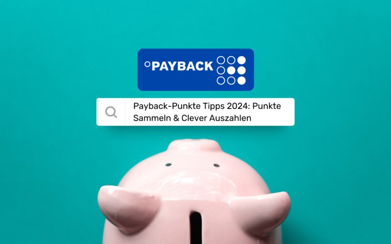 Sparbuchschwein unter einer Suchleiste mit der Aufschrift 'Payback-Punkte Tipps 2024: Punkte Sammeln & Clever Auszahlen' vor türkisfarbenem Hintergrund.
