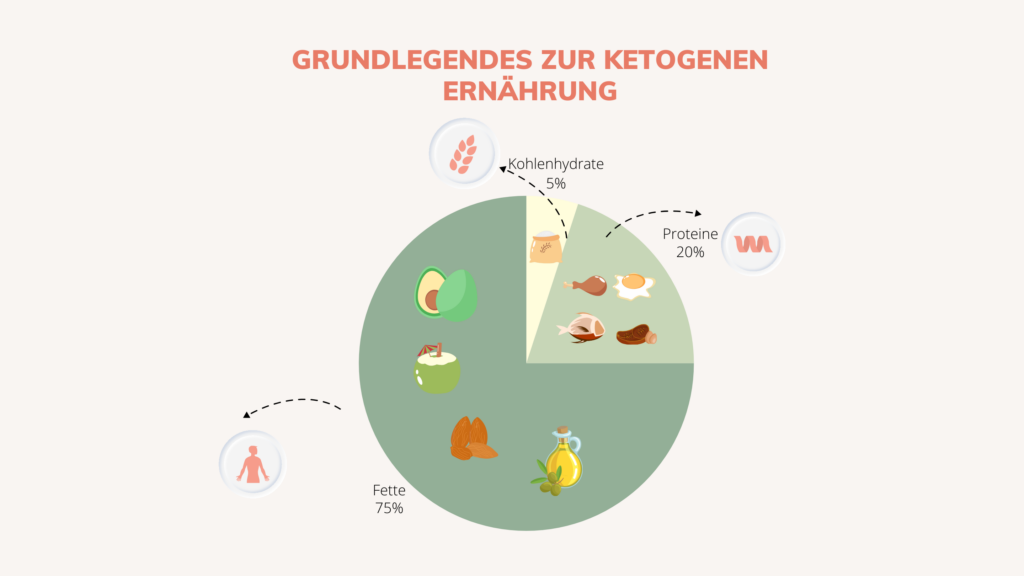 Diagramm der Makronährstoffverteilung in der ketogenen Ernährung mit Fokus auf Fette, Proteine und Kohlenhydrate.