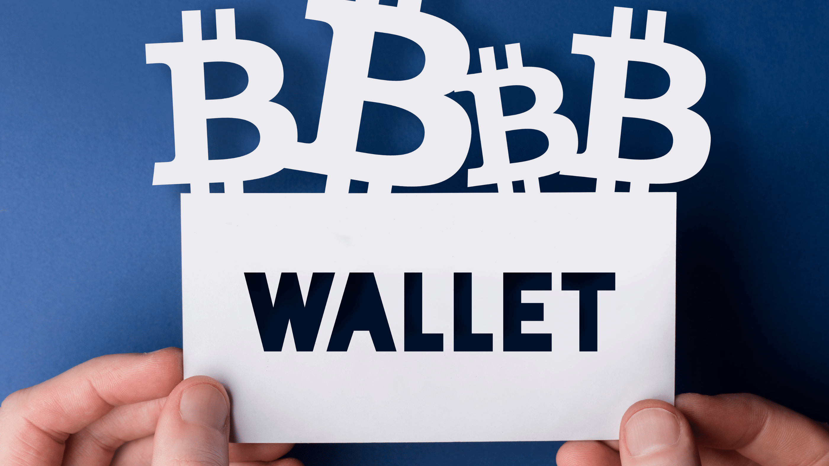 Hände halten ein Schild mit der Aufschrift "WALLET" vor einem Hintergrund mit Bitcoin-Symbolen, symbolisiert die physische Darstellung eines digitalen Wallets für Kryptowährungen