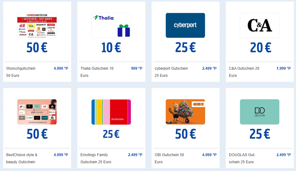 Screenshot des Payback-Prämienshops mit verschiedenen Gutscheinkarten (50 € Wunschgutschein, 10 € Thalia, 25 € Cyberport, 20 € C&A, 50 € OBI) für Punkte-Einlösung.