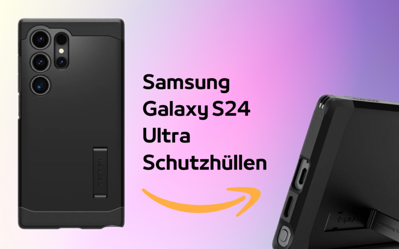 Samsung Galaxy S24 Ultra in einer schwarzen Spigen Schutzhülle mit dem Text 'Samsung Galaxy S24 Ultra Schutzhüllen' auf einem lila Hintergrund mit gelbem Akzent.