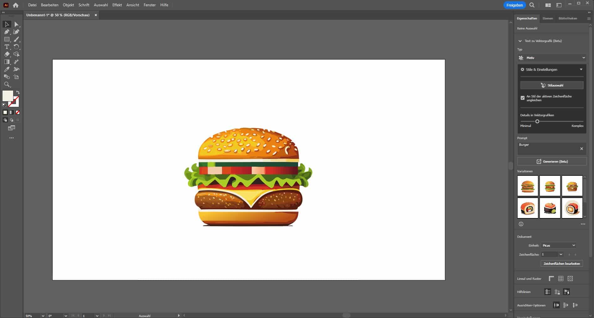 Screenshot von Adobe Illustrator 2024 mit einer KI-generierten Vektorgrafik eines Burgers.