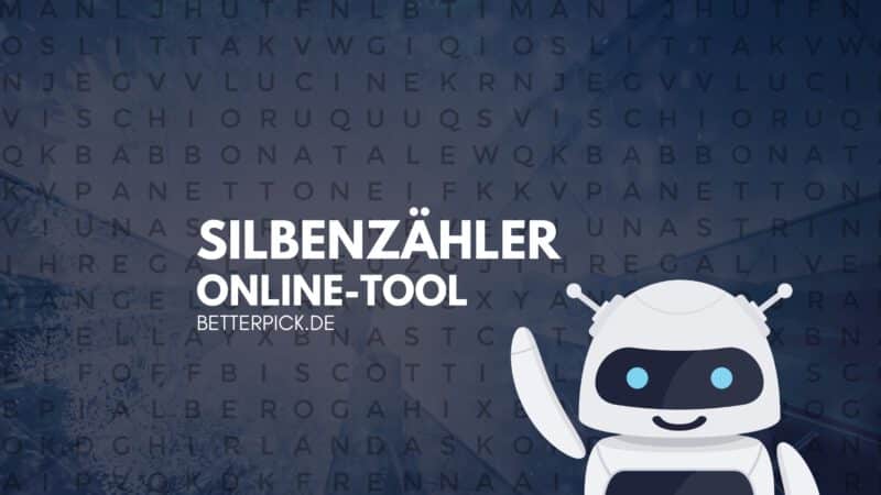 Interaktives Online-Silbenzähler-Tool mit freundlichem Roboter-Maskottchen auf einem Hintergrund mit Buchstabenmosaik.