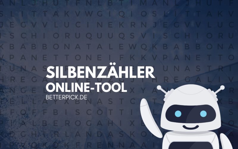 Interaktives Online-Silbenzähler-Tool mit freundlichem Roboter-Maskottchen auf einem Hintergrund mit Buchstabenmosaik.