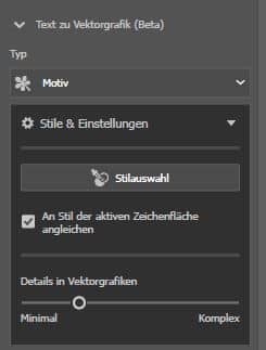 Screenshot mit Optionen für "Motiv", "Stile & Einstellungen" und "Details in Vektorgrafiken".