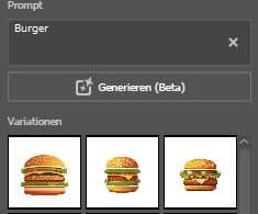 Illustrator, Text zu Prompt. Erstellung eines Burgers mit verschiedenen Variationen.