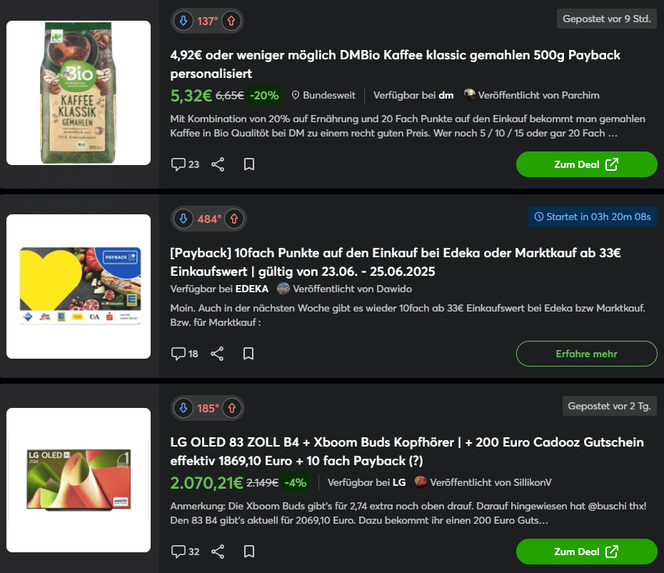 Screenshot der Mydealz-Übersicht mit drei Payback-Coupons 2025: DM Bio-Kaffee, 10-fach Punkte ab 33 € Einkauf bei EDEKA/Marktkauf und LG OLED-TV-Deal mit Extra-Punkten.
