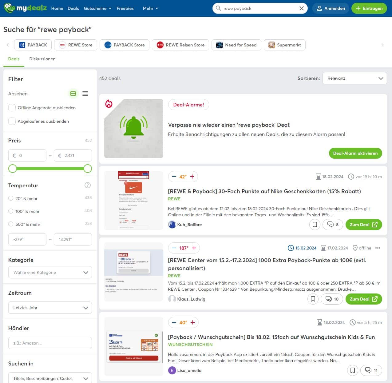 Screenshot der Mydealz-Webseite mit Suchergebnissen für 'rewe payback', darstellend verschiedene Deals und die Option, einen Deal-Alarm zu aktivieren.