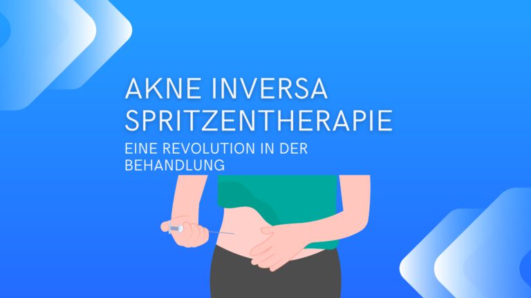 Informative Grafik zur Akne Inversa Spritzentherapie mit dem Titel 'Eine Revolution in der Behandlung', darstellend eine Person, die sich eine Spritze in den Bauchbereich setzt.