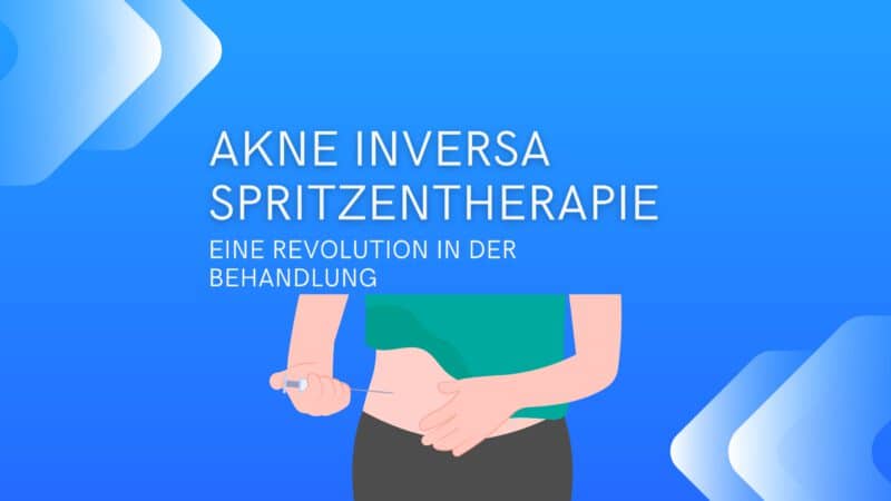 Informative Grafik zur Akne Inversa Spritzentherapie mit dem Titel 'Eine Revolution in der Behandlung', darstellend eine Person, die sich eine Spritze in den Bauchbereich setzt.