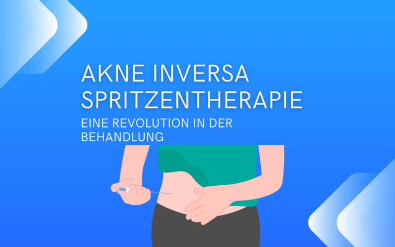 Informative Grafik zur Akne Inversa Spritzentherapie mit dem Titel 'Eine Revolution in der Behandlung', darstellend eine Person, die sich eine Spritze in den Bauchbereich setzt.