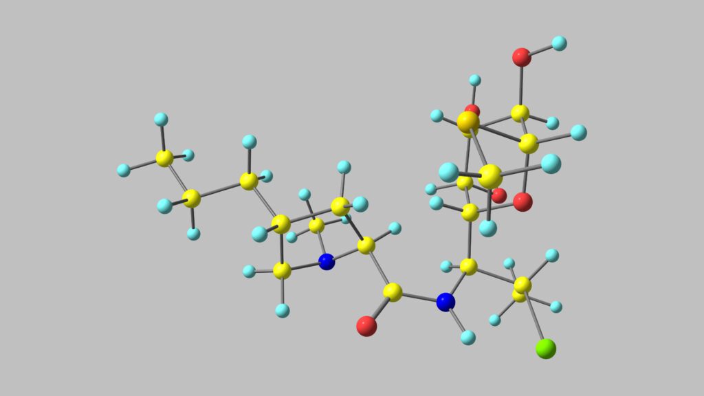 Molekularstruktur von Clindamycinphosphat, dem aktiven Wirkstoff in Zindaclin zur Behandlung von Akne Inversa.