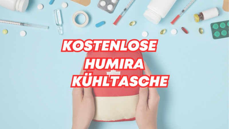 Kostenlose Humira Kühltasche gehalten vor einem Hintergrund mit medizinischen Utensilien