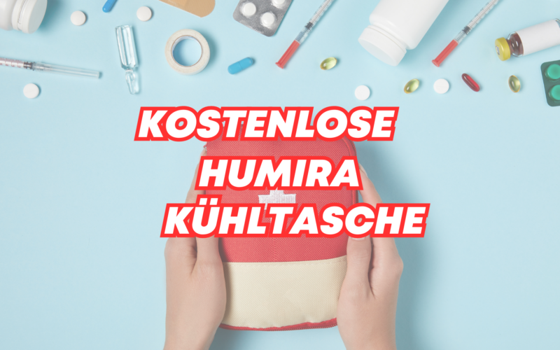 Kostenlose Humira Kühltasche gehalten vor einem Hintergrund mit medizinischen Utensilien