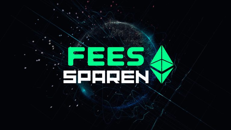 Beitragsbild zum Thema: Wie spare ich Ethereum Gas Fees. Konzeptbild mit dem Text 'FEES SPAREN' und Ethereum-Logo