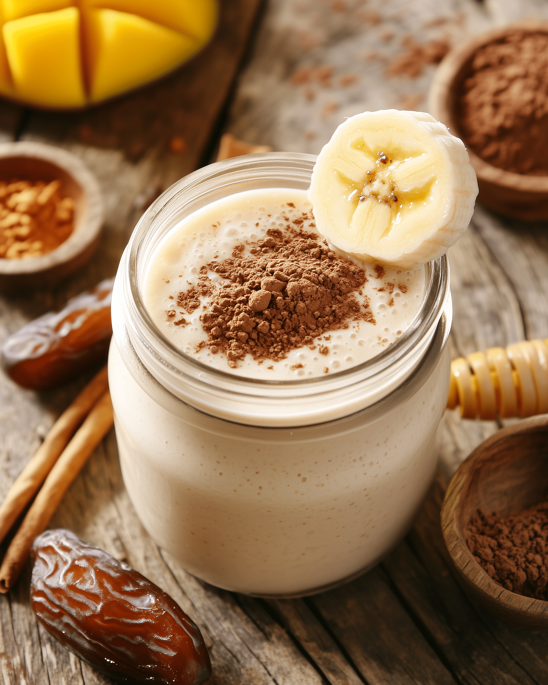 Rohmilch-Smoothie mit Banane, Datteln, Rohkakao und Honig in einem Glas, dekoriert mit frischen Zutaten – cremiger und nährstoffreicher Genuss.