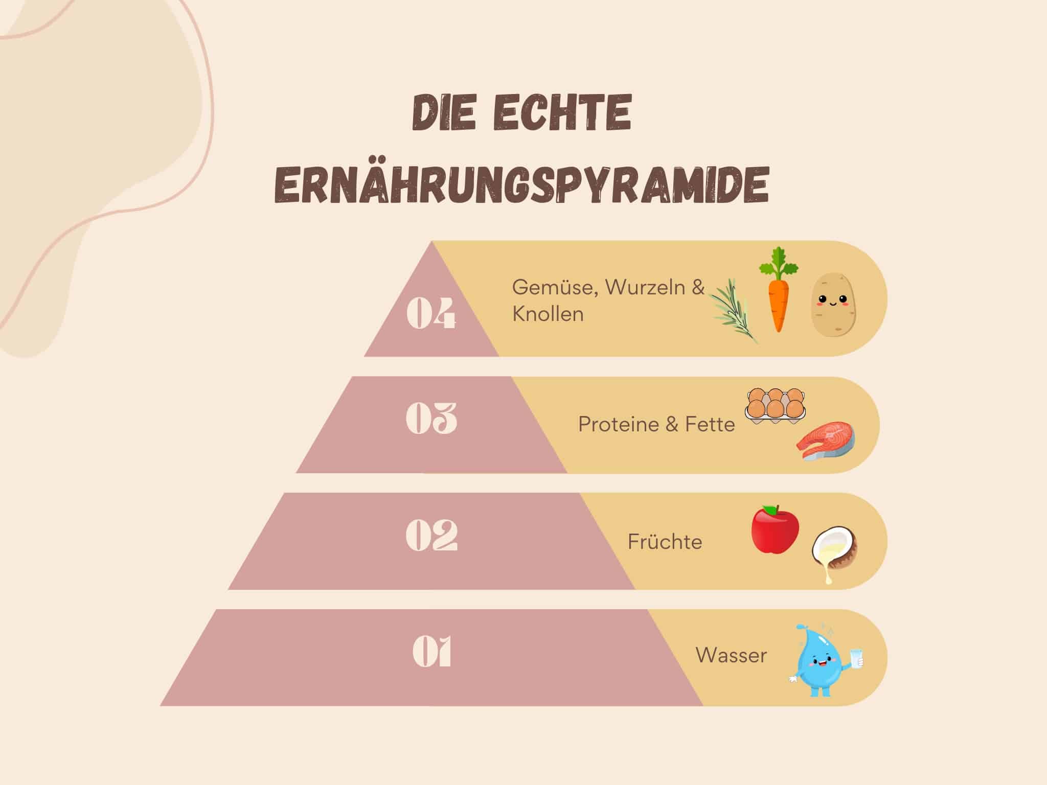 Die echte Ernährungspyramide mit vier Ebenen: Wasser, Früchte, Proteine & Fette sowie Gemüse, Wurzeln & Knollen, dargestellt mit niedlichen Icons und klarer Struktur – Gottes Nahrung als Grundlage für spirituelle und körperliche Gesundheit.