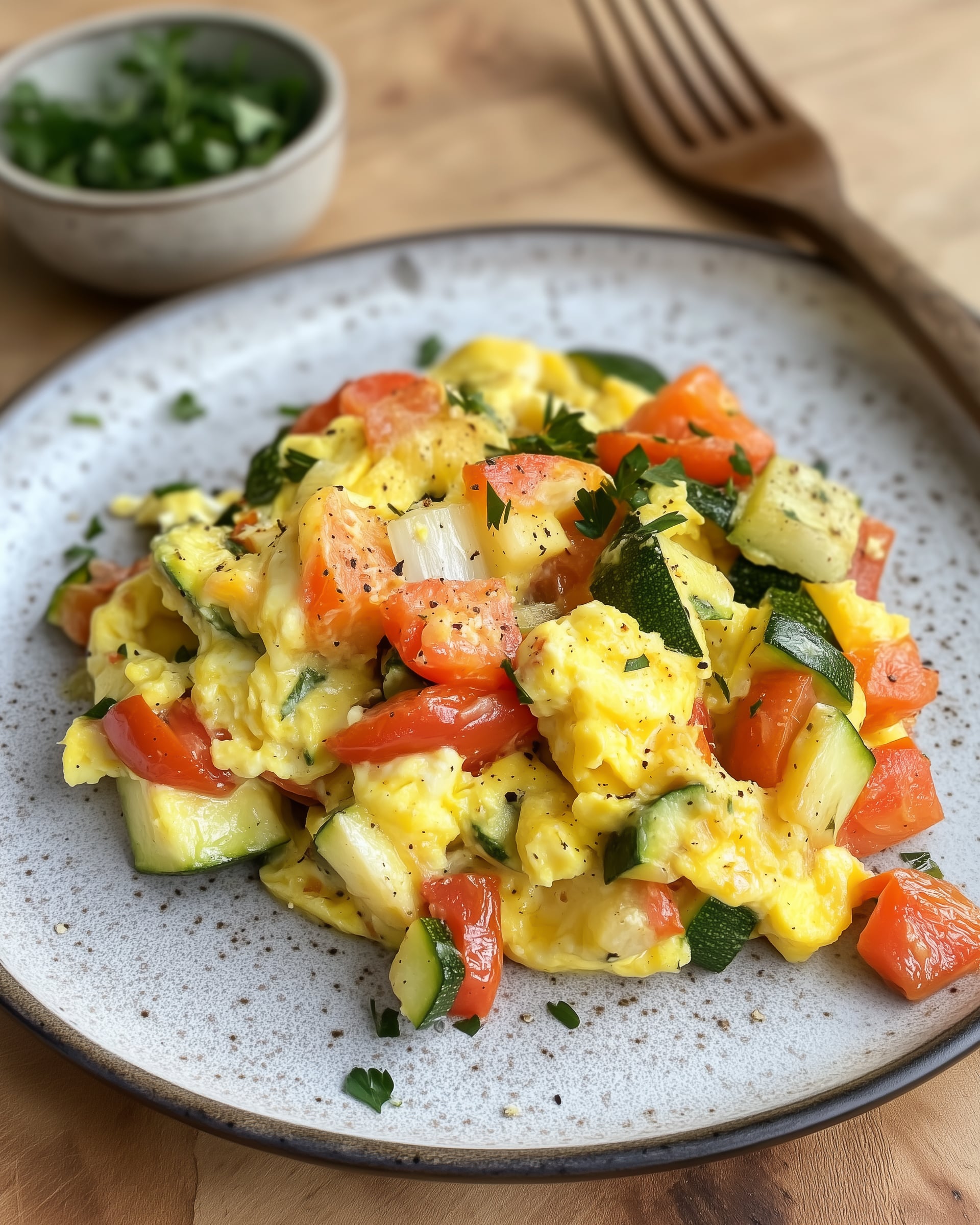 Buntes Rührei mit Tomaten und Zucchini, ein ideales Gottes Nahrung Frühstück für einen natürlichen Start in den Tag.